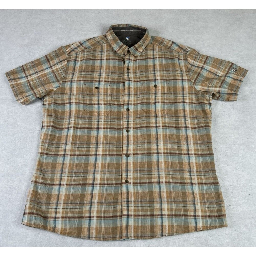 KUHL Shirt Men's XL Brown Plaid Linen Cotton Skorpio Button Up Short Sleeve